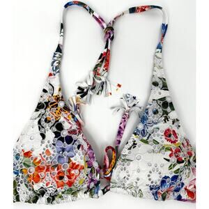 Johnny Was Neon Jungle Eyelet Bikini Top S NWOT Lace Floral Tassel Tie